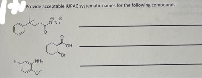 Provide acceptable IUPAC systematic names for the following compounds:
NH₂
Na
'Br
OH