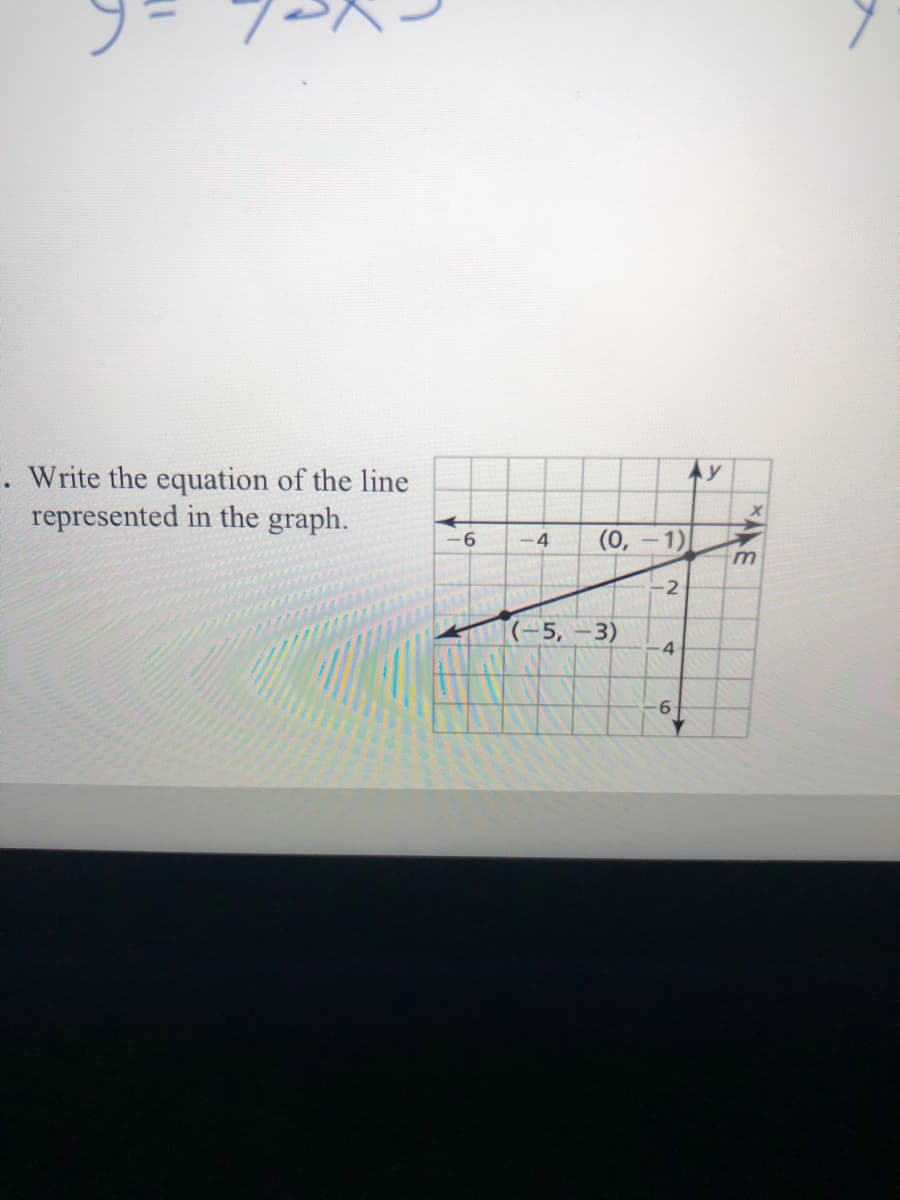 Ay
Write the equation of the line
represented in the graph.
-6
(0, -1)
4
m
-2
(-5,
3)
-4
6.
