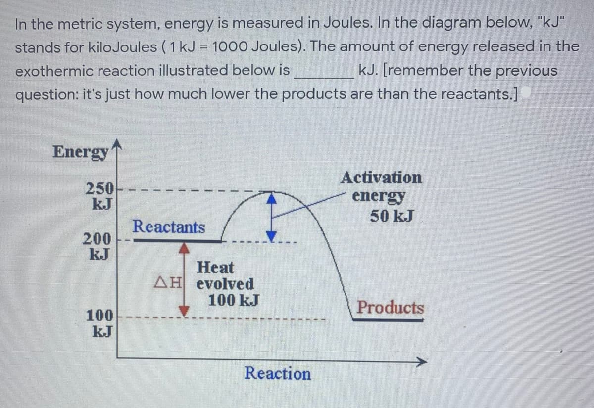 In the metric system, energy is measured in Joules. In the diagram below, "kJ"
stands for kiloJoules (1 kJ = 1000 Joules). The amount of energy released in the
kJ. [remember the previous
exothermic reaction illustrated below is
question: it's just how much lower the products are than the reactants.]
Energy
Activation
250
kJ
energy
50 kJ
Reactants
200
kJ
Heat
AH evolved
100 kJ
Products
100
kJ
Reaction
