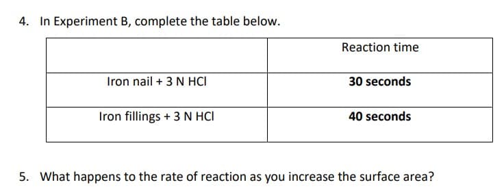 4. In Experiment B, complete the table below.
Reaction time
Iron nail + 3 N HCI
30 seconds
Iron fillings + 3 N HCI
40 seconds
5. What happens to the rate of reaction as you increase the surface area?
