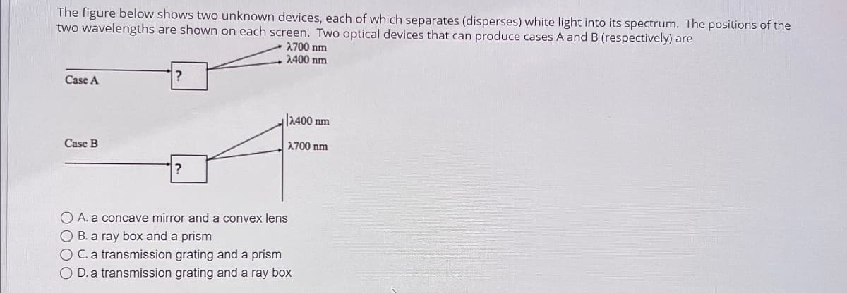 The figure below shows two unknown devices, each of which separates (disperses) white light into its spectrum. The positions of the
two wavelengths are shown on each screen. Two optical devices that can produce cases A and B (respectively) are
Case A
?
Case B
?
2.700 nm
2400 nm
2400 nm
2.700 nm
OA. a concave mirror and a convex lens
B. a ray box and a prism
C. a transmission grating and a prism
OD. a transmission grating and a ray box