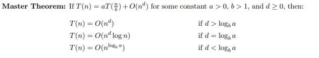 Master Theorem: If T(n) = aT()+0(n") for some constant a > 0, b > 1, and d > 0, then:
T(n) = 0(n")
T(n) = 0(nd log n)
if d> log, a
if d = log, a
T(n) = O(nlo5, a)
if d< log, a
%3!
