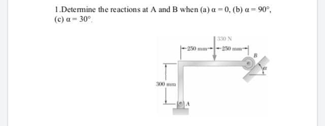 1.Determine the reactions at A and B when (a) a = 0, (b) a= 90°,
(c) a= 30°.
-250
300 mm
