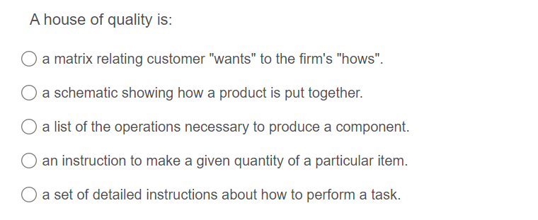 A house of quality is:
a matrix relating customer "wants" to the firm's "hows".
a schematic showing how a product is put together.
a list of the operations necessary to produce a component.
an instruction to make a given quantity of a particular item.
a set of detailed instructions about how to perform a task.
