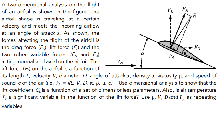 A two-dimensional analysis on the flight
of an airfoil is shown in the figure. The
airfoil shape is traveling at a certain
velocity and meets the incoming airflow
at an angle of attack a. As shown, the
forces affecting the flight of the airfoil is
the drag force (F), lift force (F) and the
two other variable forces (FN and F)
FN
R
FL
- FD
a
FA
Vo
acting normal and axial on the airfoil. The
lift force (F) on the airfoil is a function of
its length L, velocity V, diameter D, angle of attack a, density p, viscosity µ, and speed of
sound c of the air (i.e. F = f(L, V, D, a, p, µ, c). Use dimensional analysis to show that the
lift coefficient C, is a function of a set of dimensionless parameters. Also, is air temperature
T, a significant variable in the function of the lift force? Use p, V, D and T as repeating
a
variables.
