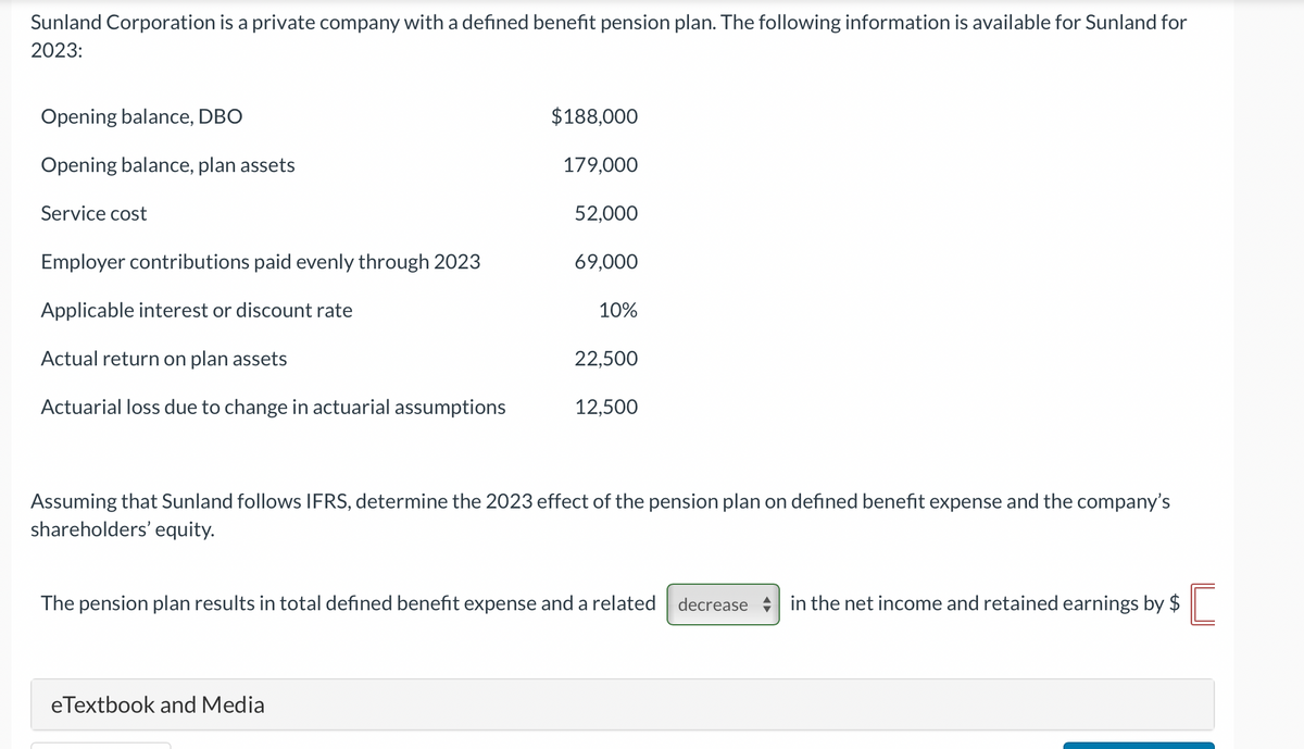 Sunland Corporation is a private company with a defined benefit pension plan. The following information is available for Sunland for
2023:
Opening balance, DBO
Opening balance, plan assets
Service cost
Employer contributions paid evenly through 2023
Applicable interest or discount rate
Actual return on plan assets
Actuarial loss due to change in actuarial assumptions
$188,000
179,000
52,000
eTextbook and Media
69,000
10%
22,500
12,500
Assuming that Sunland follows IFRS, determine the 2023 effect of the pension plan on defined benefit expense and the company's
shareholders' equity.
The pension plan results in total defined benefit expense and a related decrease in the net income and retained earnings by $