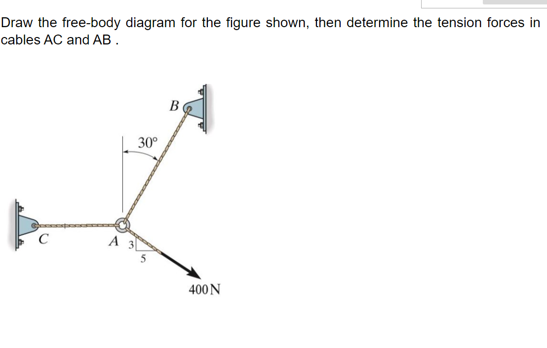 Draw the free-body diagram for the figure shown, then determine the tension forces in
cables AC and AB .
В
30°
А з
400 N
