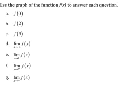 a. f(0)
b. f(2)
c. f(3)
d. lim f(x)
e. lim f(x)
f. lim f(x)
g. lim f(x)
