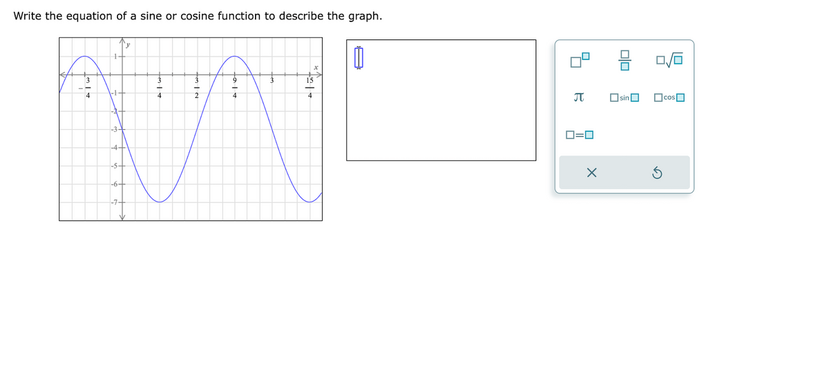 Write the equation of a sine or cosine function to describe the graph.
Io 1+
tal +
* 121 +
B
0=0
X
010
sin
0/0
cos