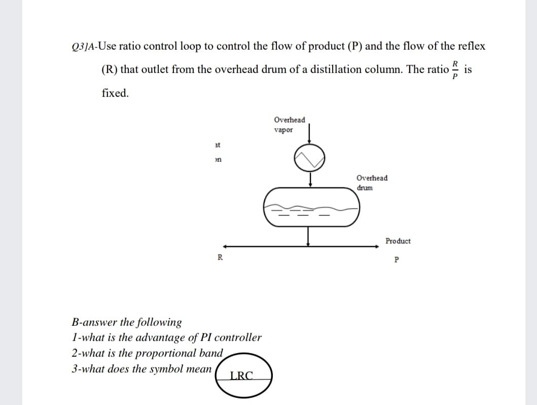 Q3]A-Use ratio control loop to control the flow of product (P) and the flow of the reflex
(R) that outlet from the overhead drum of a distillation column. The ratio
R
is
P
fixed.
Overhead
vapor
at
on
Overhead
drum
Product
R
B-answer the following
1-what is the advantage of PI controller
2-what is the proportional band
3-what does the symbol mean
LRC.
