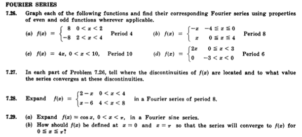 FOURIER SERIES
7.26. Graph each of the following functions and find their corresponding Fourier series using properties
of even and odd funetions wherever applicable.
8 0<z<2
1-8 2<=< 4
(a) f(x) =
Period 4
(b) f(x) =
Period 8
0 5x < 3
10 -3 <x< 0
2x
(e) S(z) = 4z, 0 < z < 10, Period 10
(d) f(z) =
Period 6
7.27. In each part of Problem 7.26, tell where the discontinuities of f(x) are located and to what value
the series converges at these discontinuities.
(2-z 0<z< 4
-6 4<a < 8
7.28.
Expand f(z) =
in a Fourier series of period 8.
7.29. (a) Expand f(z) = cos z, 0 < z < r, in a Fourier sine series.
(6) How should f(x) be defined at z = 0 and = so that the series will converge to /(x) for
