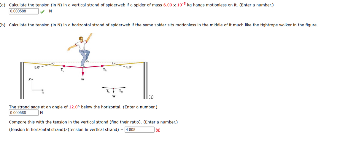 (a) Calculate the tension (in N) in a vertical strand of spiderweb if a spider of mass 6.00 x 10-5 kg hangs motionless on it. (Enter a number.)
0.000588
N
(b) Calculate the tension (in N) in a horizontal strand of spiderweb if the same spider sits motionless in the middle of it much like the tightrope walker in the figure.
5.0⁰
TR
T. Ta
W
5.0°
i
The strand sags at an angle of 12.0° below the horizontal. (Enter a number.)
0.000588
N
Compare this with the tension in the vertical strand (find their ratio). (Enter a number.)
(tension in horizontal strand)/(tension in vertical strand) = 4.808