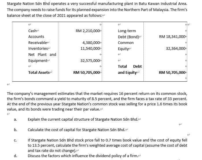 Stargate Nation Sdn Bhd operates a very successful manufacturing plant in Batu Kawan Industrial Area.
The company needs to raise funds for its planned expansion into the Northern Part of Malaysia. The firm's
balance sheet at the close of 2021 appeared as follows:
ܠܝܢ
a.
b.
C.
Cash
Accounts
Receivable
Inventories
Net Plant and
Equipment
d.
(
Total Assets
RM 2,210,000+
4,380,000+
11,540,000
32,575,000+
RM 50,705,000
Long-term
Debt (Bond)
Common
Equity
The company's management estimates that the market requires 16 percent return on its common stock,
the firm's bonds command a yield to maturity of 8.5 percent, and the firm faces a tax rate of 33 percent.
At the end of the previous year Stargate Nation's common stock was selling for a price 1.6 times its book
value, and its bonds were trading near their par value.<
Explain the current capital structure of Stargate Nation Sdn Bhd.
Calculate the cost of capital for Stargate Nation Sdn Bhd.
If Stargate Nation Sdn Bhd stock price fall to 0.7 times book value and the cost of equity fell
to 13.5 percent, calculate the firm's weighted average cost of capital (assume the cost of debt
and tax rate do not change).<
Discuss the factors which influence the dividend policy of a firm.
Total Debt
and Equity
RM 18,341,000
32,364,000
RM 50,705,000*