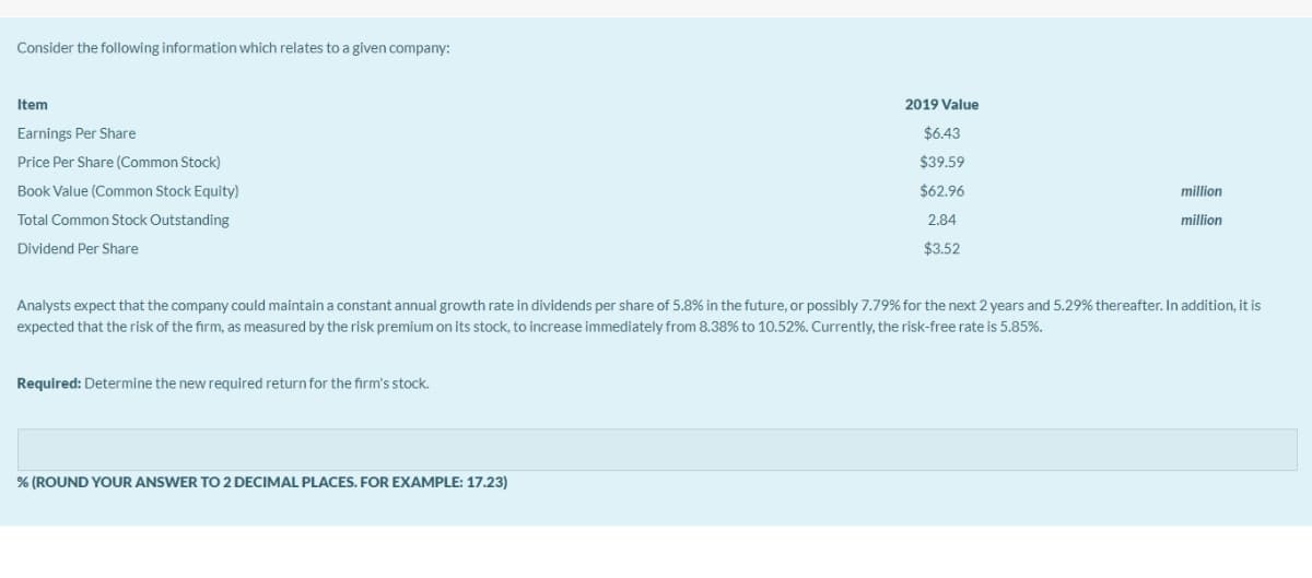 Consider the following information which relates to a given company:
Item
2019 Value
Earnings Per Share
$6.43
Price Per Share (Common Stock)
$39.59
Book Value (Common Stock Equity)
$62.96
million
Total Common Stock Outstanding
2.84
million
Dividend Per Share
$3.52
Analysts expect that the company could maintain a constant annual growth rate in dividends per share of 5.8% in the future, or possibly 7.79% for the next 2 years and 5.29% thereafter. In addition, it is
expected that the risk of the firm, as measured by the risk premium on its stock, to increase immediately from 8.38% to 10.52%. Currently, the risk-free rate is 5.85%.
Required: Determine the new required return for the firm's stock.
% (ROUND YOUR ANSWER TO 2 DECIMAL PLACES. FOR EXAMPLE: 17.23)
