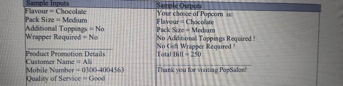 Sample Inputs
Flavour= Chocolate
Pack Size Medium
Additional Toppings = No
Wrapper Required = No
Sample Outputs
Your choice of Popcorn is:
Flavour Chocolate
Pack Size Medium
No Additional Toppings Required !
No Gift Wrapper Required!
ITotal Bill= 250
Product Promotion Details
Customer Name Ali
Mobile Number 0300-4004563
Quality of Service=Good
Thank you for Visiting PopSalon!
