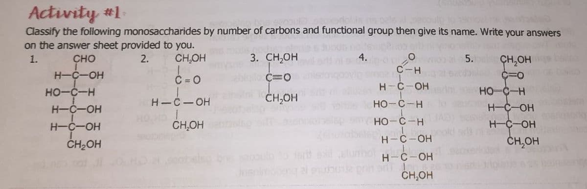 Activity #1
Classify the following monosaccharides by number of carbons and functional group then give its name. Write your answers
on the answer sheet provided to you.
edobln ns oele al ecoulp
1.
CHO
2.
CH,OH
3. CH,ОН
5.
CH,OH
C-H
H-C-OH
C = 0
H-C-OH
HO-C-H
HO-C-H
Н-С— ОН
ČH,OH
но-с -н
H-C-OH
H-C-OH
H-C-OH
CH,OH
Но-с -н
H-C-OH
ČH2OH
Н-С -ОН
ČH,OH
oulo
H-C-OH
CH,OH
