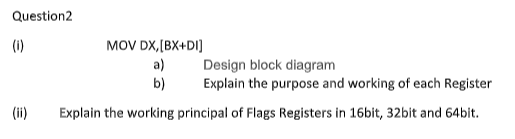 Question2
MOV DX,[BX+DI]
a)
b)
(i)
Design block diagram
Explain the purpose and working of each Register
(ii)
Explain the working principal of Flags Registers in 16bit, 32bit and 64bit.
