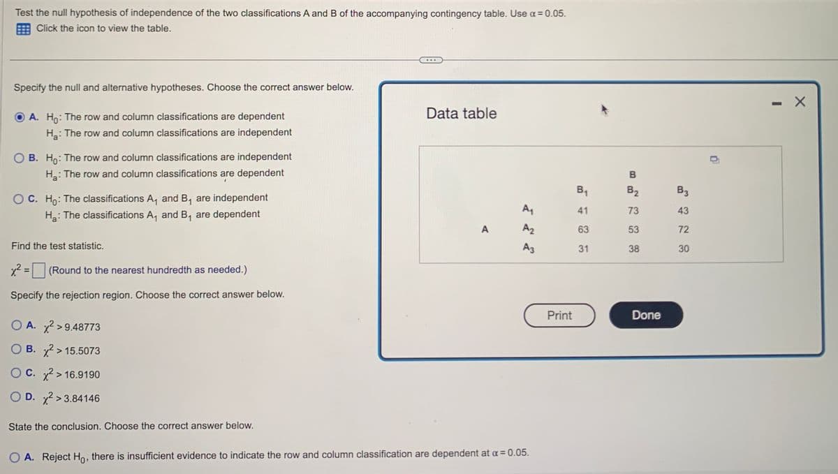 Test the null hypothesis of independence of the two classifications A and B of the accompanying contingency table. Use α = 0.05.
Click the icon to view the table.
Specify the null and alternative hypotheses. Choose the correct answer below.
A. Ho: The row and column classifications are dependent
H₂: The row and column classifications are independent
B. Ho: The row and column classifications are independent
H₂: The row and column classifications are dependent
OC. Ho: The classifications A₁ and B₁ are independent
H₂: The classifications A₁ and B₁ are dependent
Find the test statistic.
x²
(Round to the nearest hundredth as needed.)
Specify the rejection region. Choose the correct answer below.
O A. x² >9.48773
O B. x² > 15.5073
O C.
x²
O D. x² >3.84146
> 16.9190
State the conclusion. Choose the correct answer below.
Data table
wwwwwww
A
A₁
A₂
A3
O A. Reject Ho, there is insufficient evidence to indicate the row and column classification are dependent at x = 0.05.
Print
B₁₁
41
63
31
B
B₂
73
53
38
Done
B3
43
72
30
Ď
×