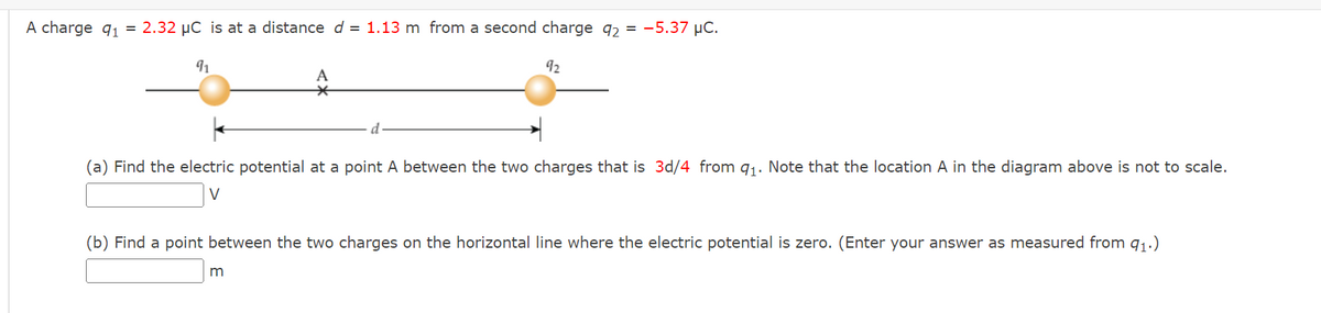 A charge 9₁ = 2.32 µC is at a distance d = 1.13 m from a second charge 92 = -5.37 μC.
9₁
A
92
(a) Find the electric potential at a point A between the two charges that is 3d/4 from 9₁. Note that the location A in the diagram above is not to scale.
V
m
(b) Find a point between the two charges on the horizontal line where the electric potential is zero. (Enter your answer as measured from 9₁.)