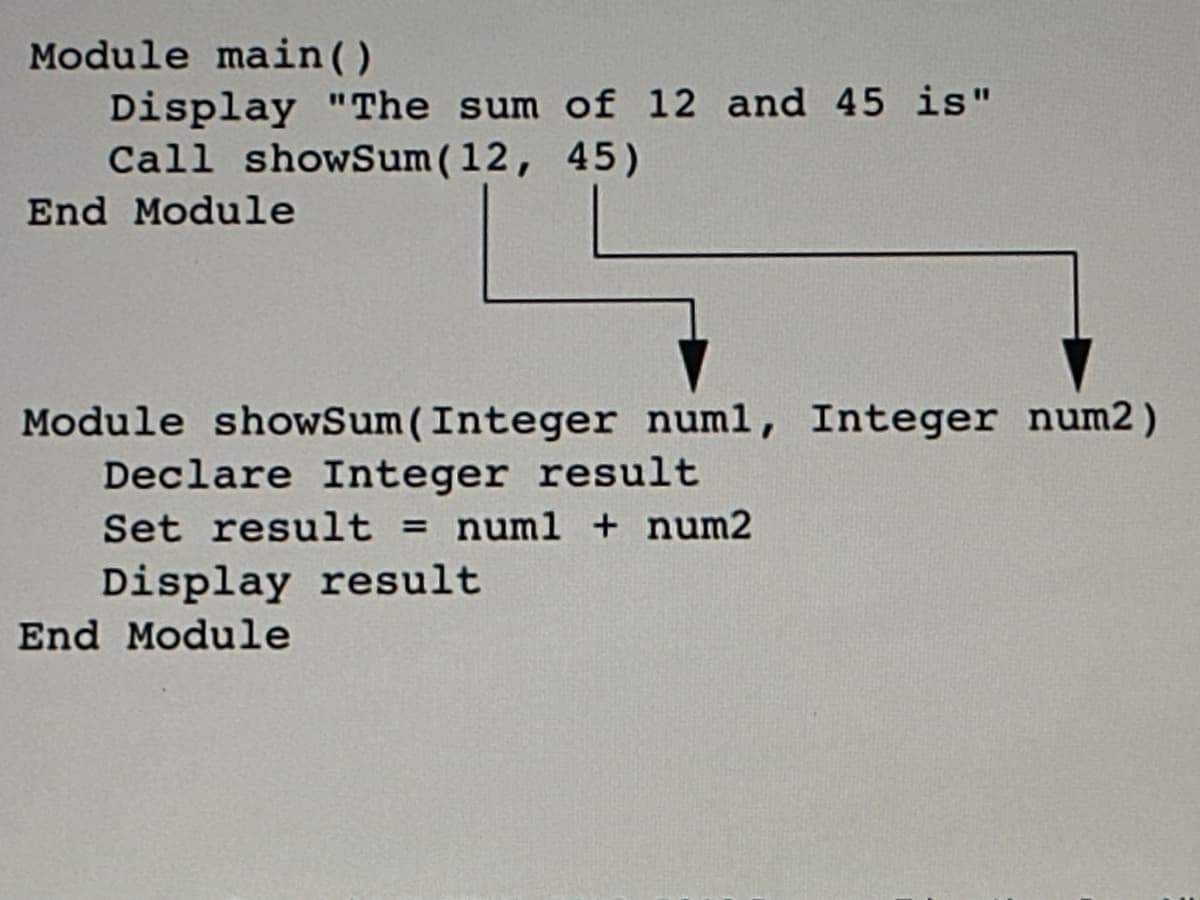 Module main()
Display "The sum of 12 and 45 is"
Call showSum (12, 45)
End Module
Module showSum (Integer num1, Integer num2)
Declare Integer result
Set result = num1 + num2
Display result
End Module