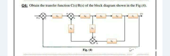 04: Obtain the transfer function C(s)/R(s) of the block diagram shown in the Fig.(4).
Risi
G₂
Ge
Gy
Fig. (4)
G₁
G₂
CH