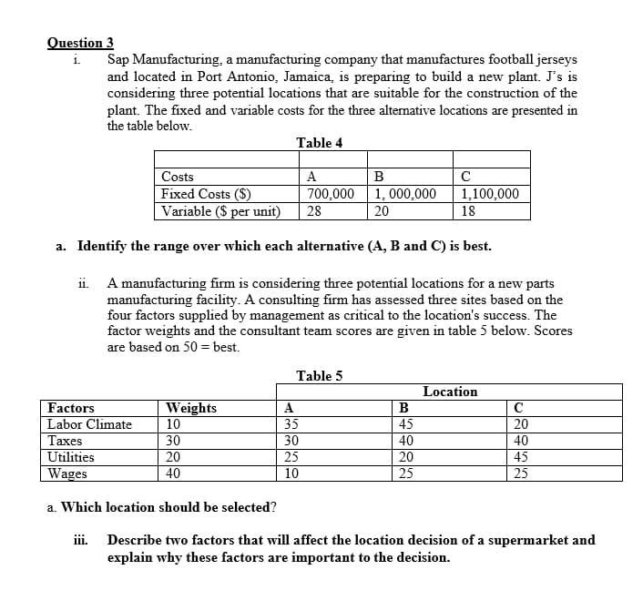 Question 3
Sap Manufacturing, a manufacturing company that manufactures football jerseys
and located in Port Antonio, Jamaica, is preparing to build a new plant. J's is
considering three potential locations that are suitable for the construction of the
plant. The fixed and variable costs for the three alternative locations are presented in
the table below.
Table 4
Costs
A
B
C
1, 000,000
1,100,000
Fixed Costs ($)
Variable ($ per unit)
700,000
28
20
18
a. Identify the range over which each alternative (A, B and C) is best.
ii. A manufacturing firm is considering three potential locations for a new parts
manufacturing facility. A consulting firm has assessed three sites based on the
four factors supplied by management as critical to the location's success. The
factor weights and the consultant team scores are given in table 5 below. Scores
are based on 50 = best.
Table 5
Location
Weights
10
30
Factors
A
B
Labor Climate
Taxes
Utilities
Wages
35
45
40
20
20
30
40
20
25
45
40
10
25
25
a. Which location should be selected?
iii.
Describe two factors that will affect the location decision of a supermarket and
explain why these factors are important to the decision.
