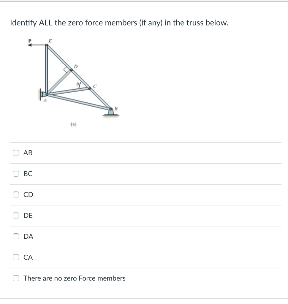 Identify ALL the zero force members (if any) in the truss below.
0
0
0
0
0
0
AB
BC
CD
DE
DA
CA
E
of
(a)
B
There are no zero Force members