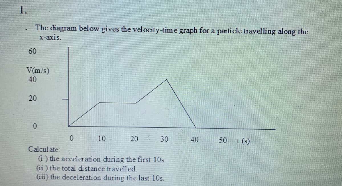 1.
The diagram below gives the velocity-time graph for a particle travelling along the
х-ахis.
60
V(m/s)
40
20
10
20
30
40
50
t (s)
Calculate:
(i ) the acceler ati on during the first 10s.
(ii ) the total di stance travelled.
(iii) the deceleration during the last 10s.
