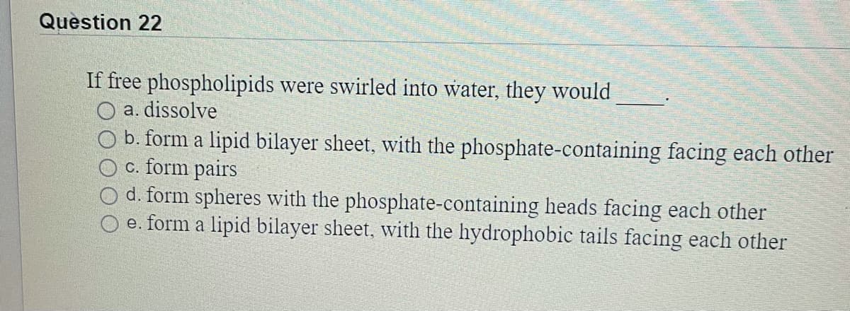 Question 22
If free phospholipids were swirled into water, they would
O a. dissolve
b. form a lipid bilayer sheet, with the phosphate-containing facing each other
c. form pairs
d. form spheres with the phosphate-containing heads facing each other
e. form a lipid bilayer sheet, with the hydrophobic tails facing each other
