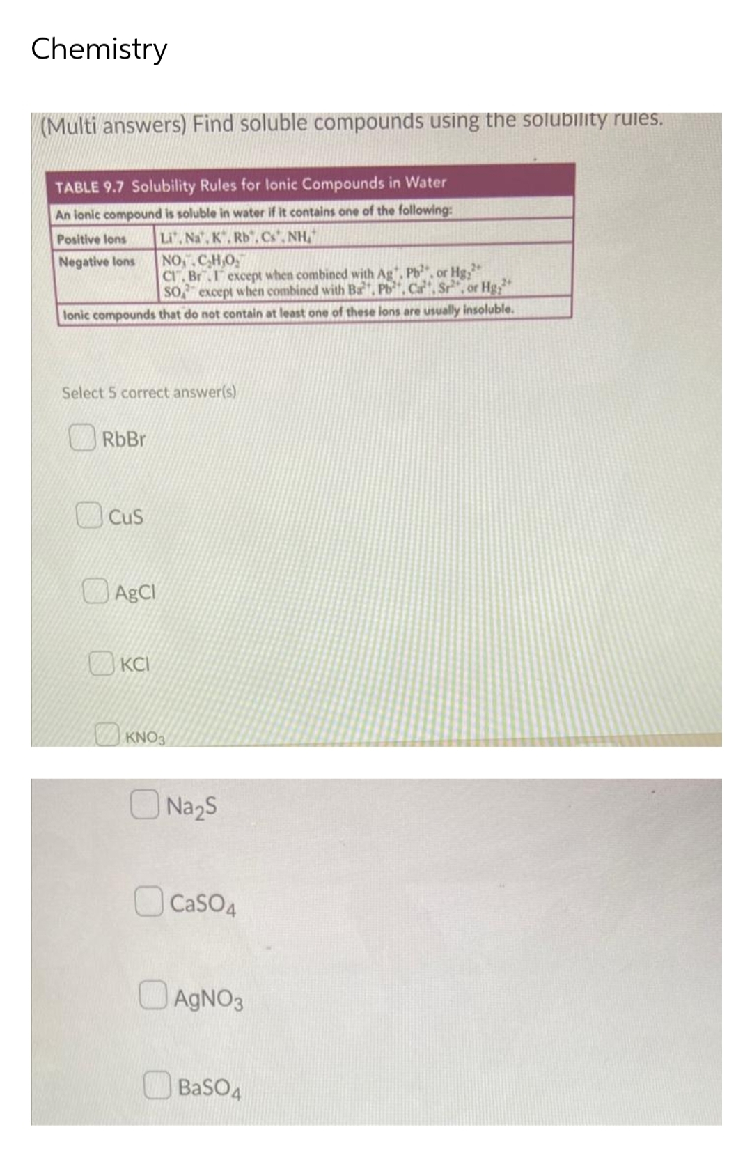 Chemistry
(Multi answers) Find soluble compounds using the solubility rules.
TABLE 9.7 Solubility Rules for lonic Compounds in Water
An lonic compound is soluble in water if it contains one of the following:
Li, Na', K". Rb, Cs. NH,
NO, CH,O
CI.Br,I except when combined with Ag', Pb, or Hg,*
SO except when combined with Ba", Ph", Ca", Sr, or Hg
Positive lons
Negative lons
lonic compounds that do not contain at least one of these ions are usually insoluble.
Select 5 correct answer(s)
RbBr
CuS
AgCl
KCI
KNO3
Na2S
O Caso4
CaSO4
O AGNO3
BaSO4
