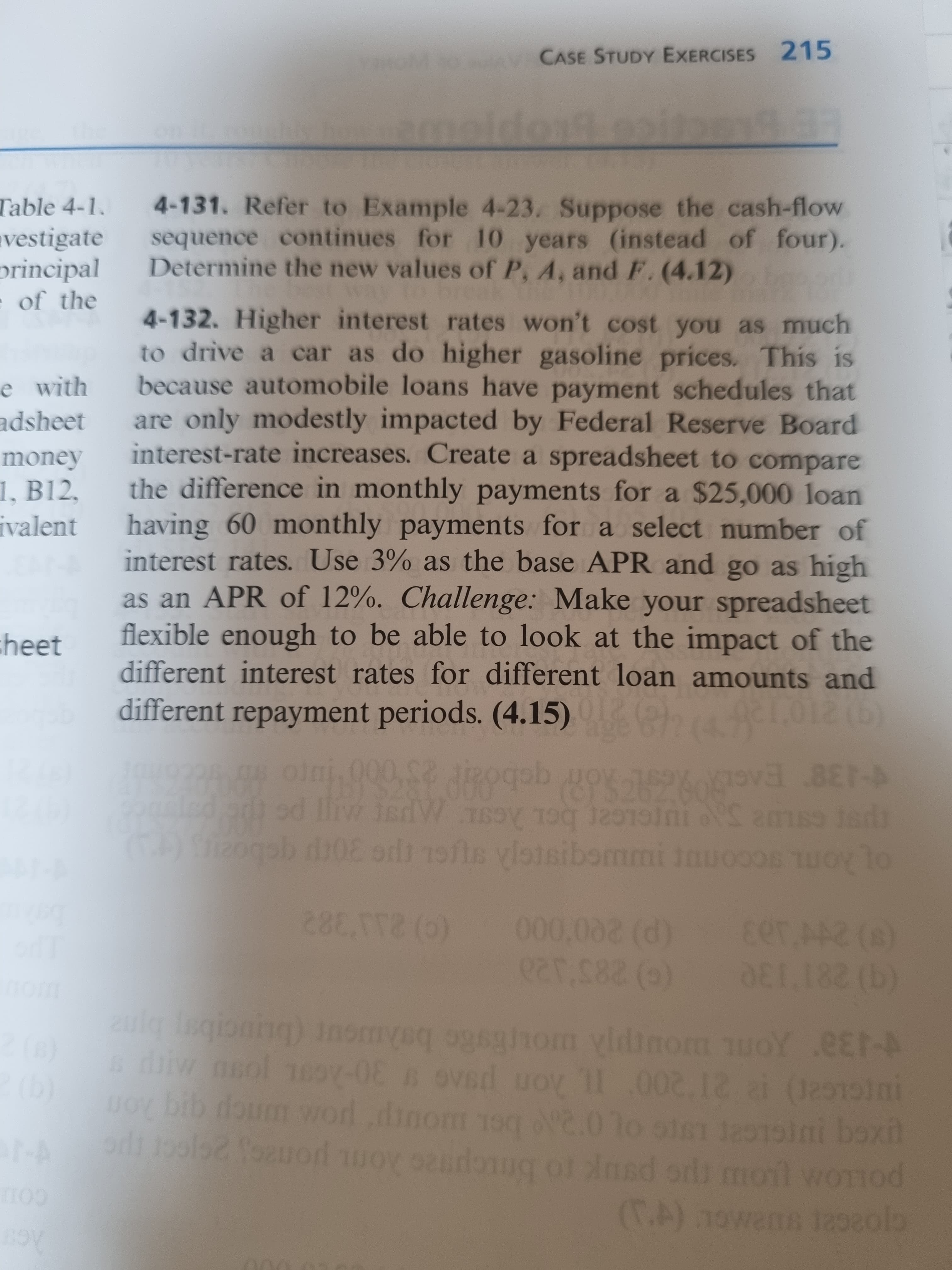 CASE STUDY EXERCISES 215
4-131. Refer to Example 4-23. Suppose the cash-flow
sequence continues for 10 years (instead of four).
Determine the new values of P, A, and F.(4.12)
Table 4-1.
vestigate
principal
of the
4-132. Higher interest rates won't cost you as much
to drive a car as do higher gasoline prices. This is
because automobile loans have payment schedules that
are only modestly impacted by Federal Reserve Board
interest-rate increases. Create a spreadsheet to compare
the difference in monthly payments for a $25,000 loan
having 60 monthly payments for a select number of
interest rates. Use 3% as the base APR and go as high
as an APR of 12%. Challenge: Make your spreadsheet
flexible enough to be able to look at the impact of the
different interest rates for different loan amounts and
e with
adsheet
money
1, B12.
ivalent
cheet
different repayment periods. (4.15)
(9)210126
d lliw isdW 6
138 EAG
hom sco
(P) 200 000
(c) 283 120
by
(c) 233382
(3) 241J03
b)
o bib doum word.dinom 19q N2.07o oi les1sini boxit
mIGLG2) 21200 on psAG 30-20L jos
20 R 21
438XonL mourp oe behmcur (buncib ba
oi 1ool2 ouord woy oandonug of nsd odt moil woIod
of lnsd ords moil
(T.A) 1owans 12ol
CO
