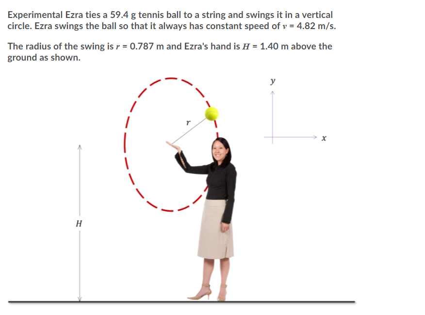 Experimental Ezra ties a 59.4 g tennis ball to a string and swings it in a vertical
circle. Ezra swings the ball so that it always has constant speed of v = 4.82 m/s.
The radius of the swing is r = 0.787 m and Ezra's hand is H = 1.40 m above the
ground as shown.
y
H
