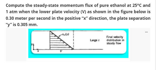 Compute the steady-state momentum flux of pure ethanol at 25°C and
1 atm when the lower plate velocity (V) as shown in the figure below is
0.30 meter per second in the positive "x" direction, the plate separation
"y" is 0.305 mm.
Large
Final velocity
distribution in
steady flow
