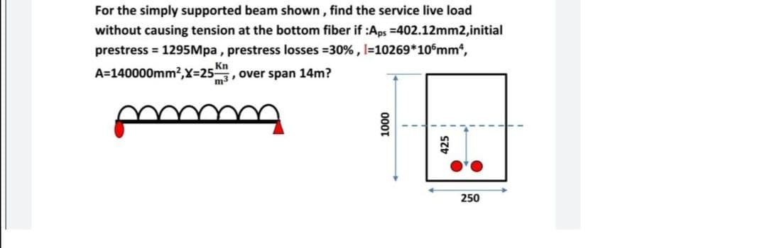 For the simply supported beam shown, find the service live load
without causing tension at the bottom fiber if :Aps =402.12mm2,initial
prestress = 1295Mpa, prestress losses = 30%, I=10269*105mmª,
Kn
A=140000mm2,
2,X=25
m3, over span 14m?
mmmmm
1000
425
250