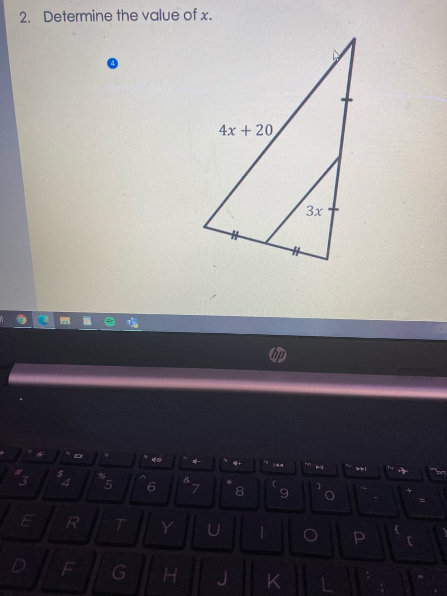 2. Determine the value of x.
4x + 20
3x
Op
ts
144
トト」
ort
%
&
*
4.
7.
8
R
Y
D
J
K
LO
