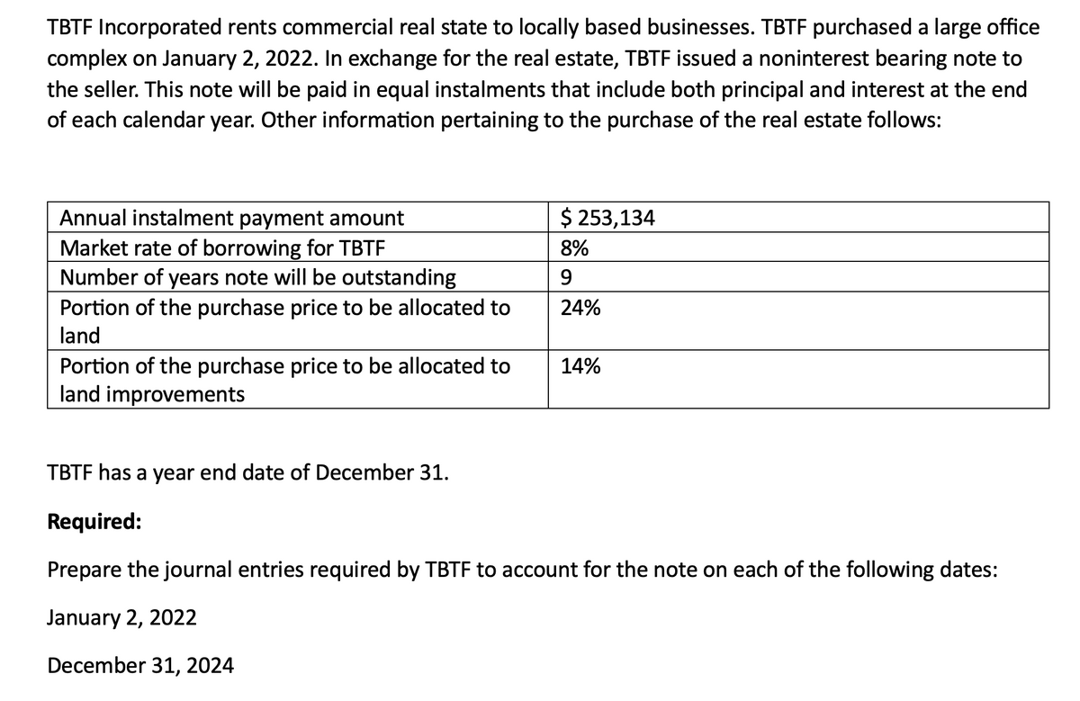 TBTF Incorporated rents commercial real state to locally based businesses. TBTF purchased a large office
complex on January 2, 2022. In exchange for the real estate, TBTF issued a noninterest bearing note to
the seller. This note will be paid in equal instalments that include both principal and interest at the end
of each calendar year. Other information pertaining to the purchase of the real estate follows:
Annual instalment payment amount
Market rate of borrowing for TBTF
Number of years note will be outstanding
Portion of the purchase price to be allocated to
land
Portion of the purchase price to be allocated to
land improvements
$ 253,134
8%
9
24%
14%
TBTF has a year end date of December 31.
Required:
Prepare the journal entries required by TBTF to account for the note on each of the following dates:
January 2, 2022
December 31, 2024