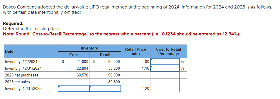 Bosco Company adopted the dollar-value LIFO retail method at the beginning of 2024. Information for 2024 and 2025 is as follows,
with certain data intentionally omitted:
Required:
Determine the missing data.
Note: Round "Cost-to-Retail Percentage" to the nearest whole percent (i.e., 0.1234 should be entered as 12.34%).
Date
Inventory, 1/1/2024
Inventory, 12/31/2024
2025 net purchases
2025 net sales
Inventory, 12/31/2025
$
Cost
Inventory
21,000 $
22,804
60,570
Retail
30,000
35,200
90,000
80,800
Retail Price
Index
1.00
1.10
1.20
Cost-to-Retail
Percentage
%
%