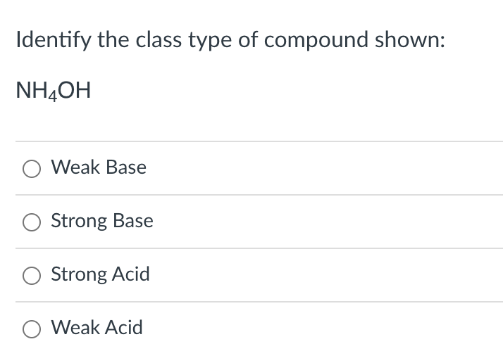 Identify the class type of compound shown:
NHẠCH
Weak Base
O Strong Base
Strong Acid
O Weak Acid