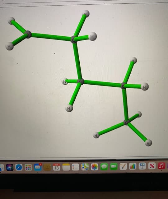 This image represents a 3D molecular model of a simple organic compound. The structure is a typical ball and stick representation used in Chemistry to illustrate molecular shapes and bond connections. Here's a detailed description:

### Molecular Structure Dissection:

1. **Atoms and Bonds:**
   - **Gray Spheres:**
     These represent carbon (C) atoms which are the backbone of the molecule.
   - **White Spheres:**
     These represent hydrogen (H) atoms.

2. **Connecting Sticks:**
   - The green sticks symbolize the covalent bonds between atoms. 
     - Single bonds link carbon atoms to each other and to hydrogen atoms.
   
3. **Molecular Geometry:**
   - The carbon atoms are connected forming a two parts chain with each carbon atom bonded to three hydrogen atoms except for those carbon atoms in the middle of the chains that are bonded to two carbon atoms and two hydrogen atoms.
   - The structural chemistry suggests a branched hydrocarbon with an alkyl group attached.

### Understanding Hydrocarbons:
Hydrocarbons are compounds made up of hydrogen and carbon atoms only. Common types include alkanes, alkenes, and alkynes, characterized by their single, double, and triple bonds, respectively. This structure appears to be an alkane given that all bonds are single.

### Application in Education:
This model is an excellent teaching tool for demonstrating:
- Fundamental carbon hydrogen chemistry.
- Understanding molecular geometry and spatial arrangement.
- The representation of organic molecules in 3D space.
- The concept of branching in organic molecules and its importance in molecular stability and reactions.

### Conclusion:
This depiction allows students to visualize molecular structures better and grasp the complexity of organic chemistry. Implementing 3D models in study enhances spatial reasoning and leads to a deeper understanding of chemical principles.