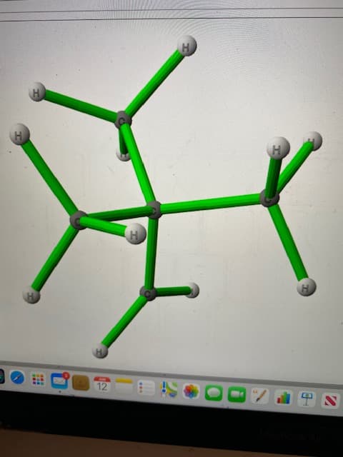 This image depicts the 3D structure of a cyclohexane molecule. Cyclohexane is a cyclic alkane with the molecular formula C6H12, forming a six-membered carbon ring. Each carbon atom is bonded to two hydrogen atoms, maintaining a tetrahedral geometry around each carbon for optimal sp3 hybridization angles of approximately 109.5 degrees. 

In the displayed model:
- The green sticks represent the covalent bonds between the atoms.
- The grey spheres represent carbon atoms.
- The white spheres represent hydrogen atoms.

Each carbon atom in the cyclohexane ring is part of two bonds with other carbons and two bonds with hydrogen atoms, forming a total of four sigma bonds per carbon atom. The molecular model might also help students understand chair and boat conformations, where cyclohexane adopts puckered, non-planar shapes to reduce angle strain and torsional strain. 

This visualization aids in comprehending the three-dimensional geometry and spatial arrangement, which is fundamental in understanding organic molecule structures and their properties.