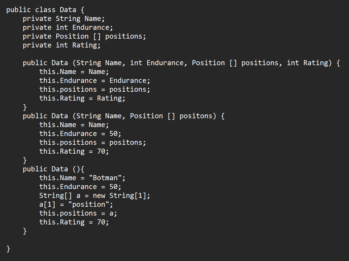 public class Data {
private String Name;
private int Endurance;
private Position [] positions;
private int Rating;
}
public Data (String Name, int Endurance, Position [] positions, int Rating) {
this.Name = Name;
this. Endurance = Endurance;
positions;
this.positions
this.Rating = Rating;
}
}
public Data (String Name, Position [] positons) {
this.Name = Name;
=
}
public Data (){
this.Endurance = 50;
this.positions
=
this.Rating = 70;
positons;
this.Name = "Botman";
this. Endurance = 50;
String[] a = new String[1];
a[1] = "position";
this.positions = a;
this.Rating = 70;