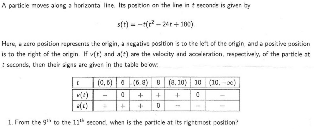 A particle moves along a horizontal line. Its position on the line in t seconds is given by
s(t) = -t(t²- 24t+ 180).
Here, a zero position represents the origin, a negative position is to the left of the origin, and a positive position
is to the right of the origin. If v(t) and a(t) are the velocity and acceleration, respectively, of the particle at
t seconds, then their signs are given in the table below:
(0,6) 6 (6,8)
(6,8)
t
v(t)
a(t)
1. From the 9th to the 11th second, when is the particle at its rightmost position?
+
0
+
+
8 (8, 10) 10 (10, +00)
+
0
+
+
0
-
-