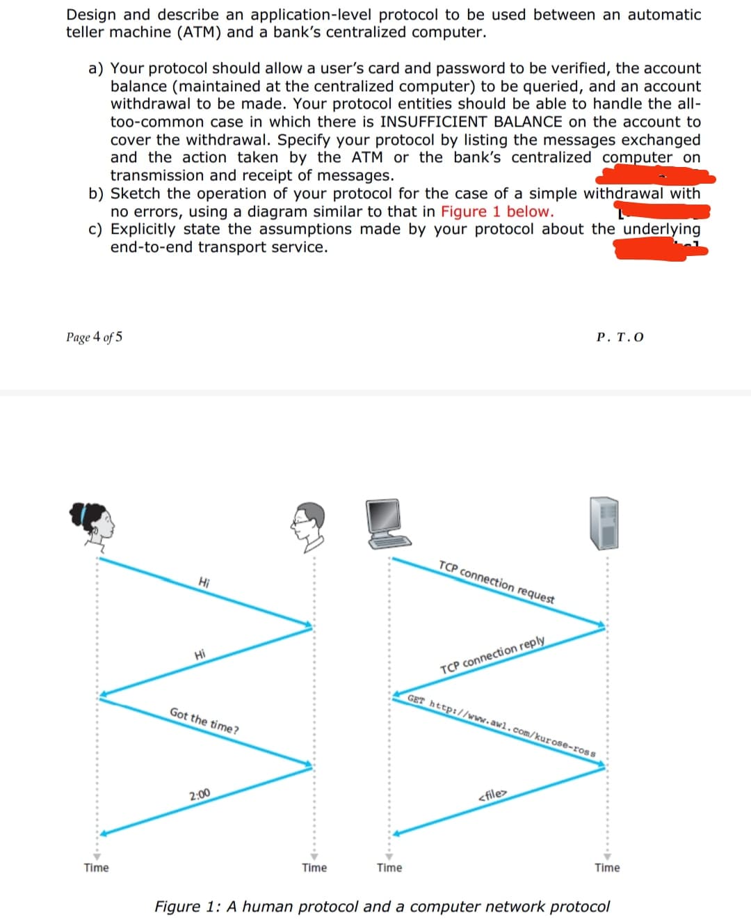 Design and describe an application-level protocol to be used between an automatic
teller machine (ATM) and a bank's centralized computer.
a) Your protocol should allow a user's card and password to be verified, the account
balance (maintained at the centralized computer) to be queried, and an account
withdrawal to be made. Your protocol entities should be able to handle the all-
too-common case in which there is INSUFFICIENT BALANCE on the account to
cover the withdrawal. Specify your protocol by listing the messages exchanged
and the action taken by the ATM or the bank's centralized computer on
transmission and receipt of messages.
b) Sketch the operation of your protocol for the case of a simple withdrawal with
no errors, using a diagram similar to that in Figure 1 below.
c) Explicitly state the assumptions made by your protocol about the underlying
end-to-end transport service.
Page 4 of 5
Р. Т.О
TCP connection request
Hi
Hi
TCP connection reply
GET http://www.awl.com/kurose-ross
Got the time?
2:00
<file>
Time
Time
Time
Time
Figure 1: A human protocol and a computer network protocol
