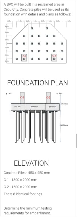 A BPO will be built in a reclaimed area in
Cebu City. Concrete piles will be used as its
foundation with details and plans as follows:
田
田
田
田
田
田
田
曲
田
田
田
田
田
田
田
田
田
C-2
田
田
田
FOUNDATION PLAN
• NGL
C-2
5750mm
1250 mm
2000 m
2250 mm
2010 mm
ELEVATION
Concrete Piles - 450 x 450 mm
C-1 - 1800 x 2000 mm
C-2 - 1600 x 2000 mm
There 6 identical footings.
Determine the minimum testing
requirements for embankment.
田
田 田
田
田
田
