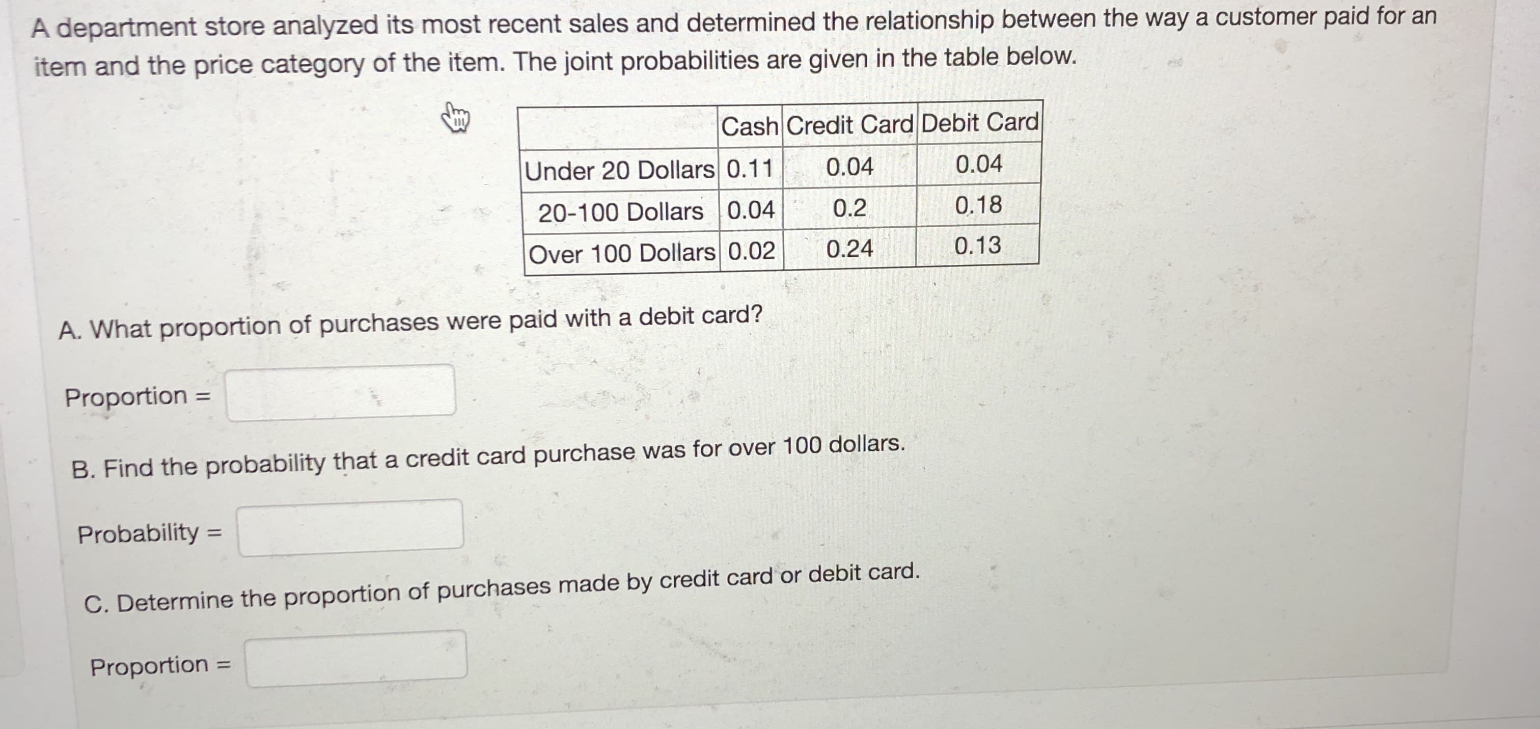 A department store analyzed its most recent sales and determined the relationship between the way a customer paid for an
item and the price category of the item. The joint probabilities are given in the table below.
