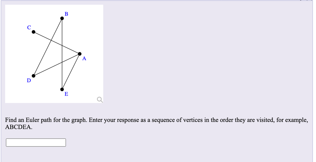 В
A
D
E
Find an Euler path for the graph. Enter your response as a sequence of vertices in the order they are visited, for example,
ABCDEA.
