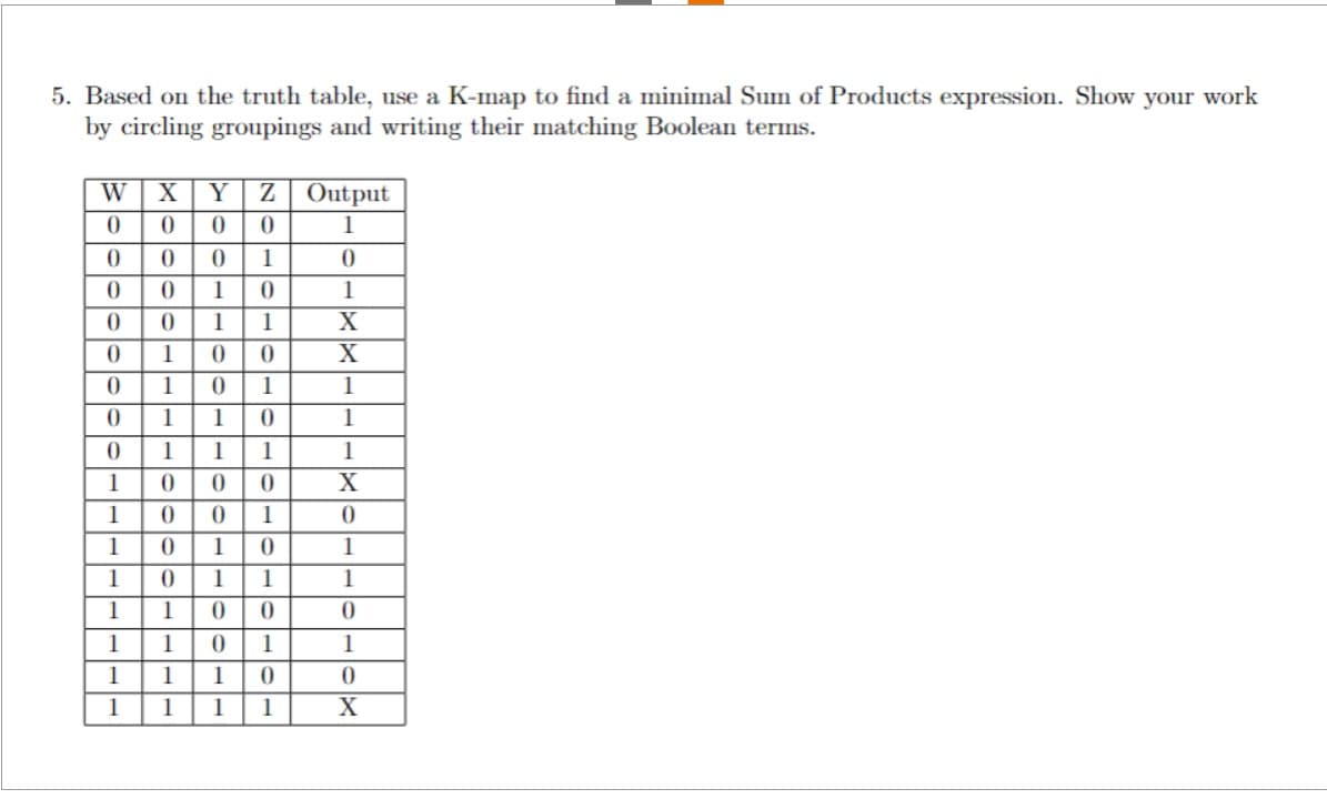 5. Based on the truth table, use a K-map to find a minimal Sum of Products expression. Show your work
by circling groupings and writing their matching Boolean terms.
W X Y Z
0 0 0
0
0 1
0
1
0
0
1
1
1
0
0
1
0
1
1
1
0
1 1
1
0 0
0
0
0
1
0
1 0
0
1 1
1
0
0
0 1
1
0
1
1
0
0
0
0
0
0
0
0
1
1
1
1
1
1
1
1
1
1
1
Output
1
0
1
X
X
1
1
1
X
0
1
1
0
1
0
X