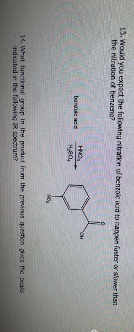 13. Would you expect the following nitration of benzoic acid to happen faster or slower than
the nitration of benzene?
benzoic acid
HNO3
H₂SO4
NO₂
OH
14. What functional group in the product from the previous question gives the peaks
indicated in the following IR spectrum?