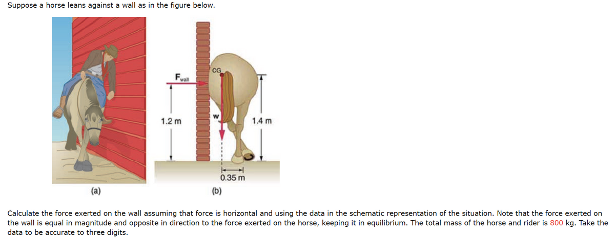 ### Horse Leaning Against a Wall - Equilibrium Analysis

#### Problem Statement

Suppose a horse leans against a wall as shown in the figure below.

#### Visual Descriptions:
- **Figure (a)**: An illustration showing a horse leaning sideways against a red wall. The horse is seen from behind, and its rider holds onto the wall.
- **Figure (b)**: A schematic representation of the horse's interaction with the wall.

The schematic (Figure b) provides specific measurements and forces involved in the scenario:
- **F_wall**: The horizontal force exerted on the wall.
- **CG**: Center of gravity of the horse and rider system.
- **w**: Weight force acting vertically downward from the center of gravity at 1.4 meters high.
- The distance to the wall from the center of gravity horizontally is marked as 0.35 meters.
- Height from the ground to the point where the force \( F_{wall} \) acts is 1.2 meters.

#### Problem Requirement

Calculate the force exerted on the wall assuming that the force is horizontal and using the data in the schematic representation of the situation. Note that the force exerted on the wall is equal in magnitude and opposite in direction to the force exerted on the horse, keeping it in equilibrium.

**Given**:
- The total mass of the horse and rider is 800 kg.
- Take the data to be accurate to three digits.

### Calculation Steps

1. **Determine the Weight of the Horse and Rider**:
   Weight, \( w \) = mass × gravitational acceleration
   \( w = 800 \, \text{kg} \times 9.81 \, \text{m/s}^2 \)
   \( w = 7848 \, \text{N} \)

2. **Equilibrium Conditions**:
   To keep the system in equilibrium, the sum of moments about any point should be zero.
   Take moments about the point where the horse’s hooves contact the ground.

   Assume Clockwise moments are positive:

   Moment due to weight (\( w \)):
   \( M_w = w \times 0.35 \)

   Moment due to horizontal force (\( F_{wall} \)):
   \( M_{F_{wall}} = F_{wall} \times 1.2 \)

   Since the system is in equilibrium:
   \( M_w = M_{F_{