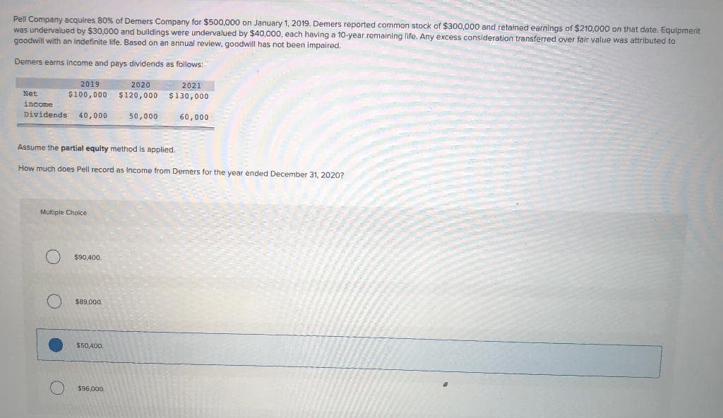 Pell Company acquires 80% of Demers Company for $500,000 on January 1, 2019. Demers reported common stock of $300,000 and retained earnings of $210,000 on that date. Equipment
was undervalued by $30,000 and buildings were undervalued by $40,000, each having a 10-year remaining life. Any excess consideration transferred over fair value was attributed to
goodwill with an indefinite life. Based on an annual review, goodwill has not been impaired.
Demers earns income and pays dividends as follows:
2019
$100,000
Net
income
Dividends 40,000
Multiple Choice
O $90,400.
Assume the partial equity method is applied.
How much does Pell record as Income from Demers for the year ended December 31, 2020?
$89,000.
$50,400.
2021
2020
$120,000
$120,000 $130,000
$96,000.
50,000
60,000